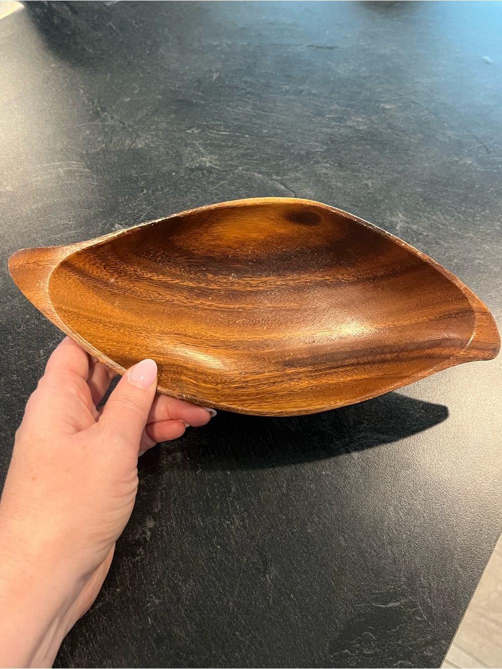 Vintage Hand Carved Almond Shape Decorative Wood Bowl Stamped BohoChic Farmhouse